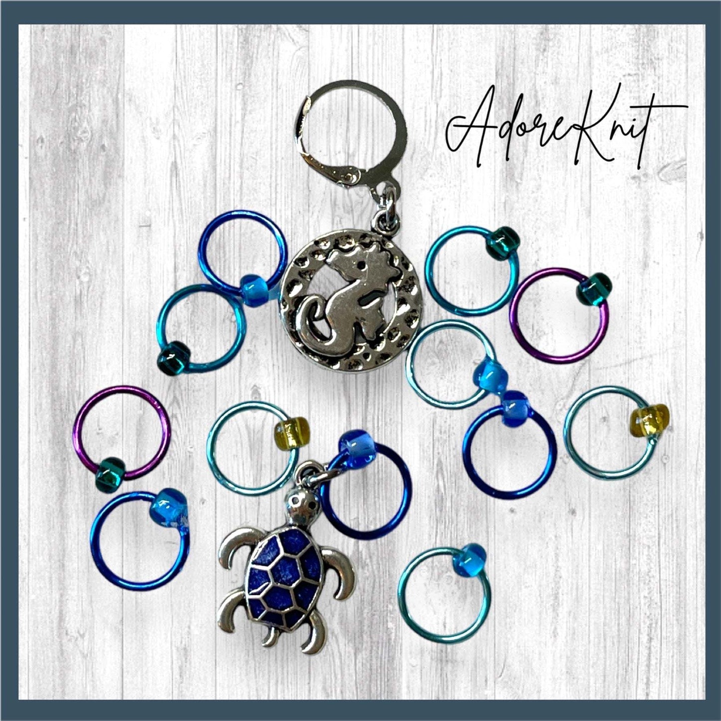 Seahorse and Blue Turtle Progress and Stitch MarkersAdoreKnitSeahorse and Blue Turtle Progress and Stitch Markers. The prefect gift for a knitter! These stitch markers are great for a knitter or crocheter. Include in a swap paBlue Turtle Progress