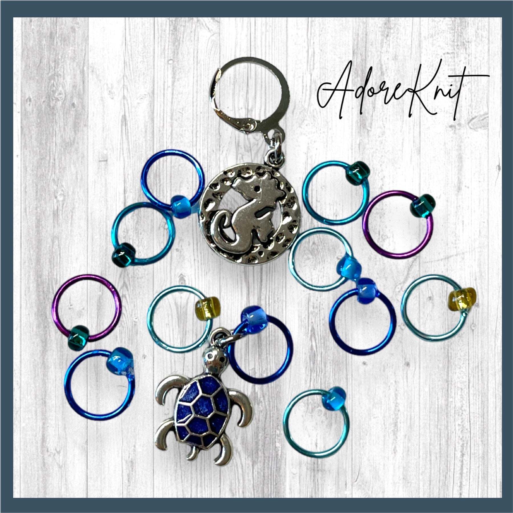 Seahorse and Blue Turtle Progress and Stitch MarkersAdoreKnitSeahorse and Blue Turtle Progress and Stitch Markers. The prefect gift for a knitter! These stitch markers are great for a knitter or crocheter. Include in a swap paBlue Turtle Progress