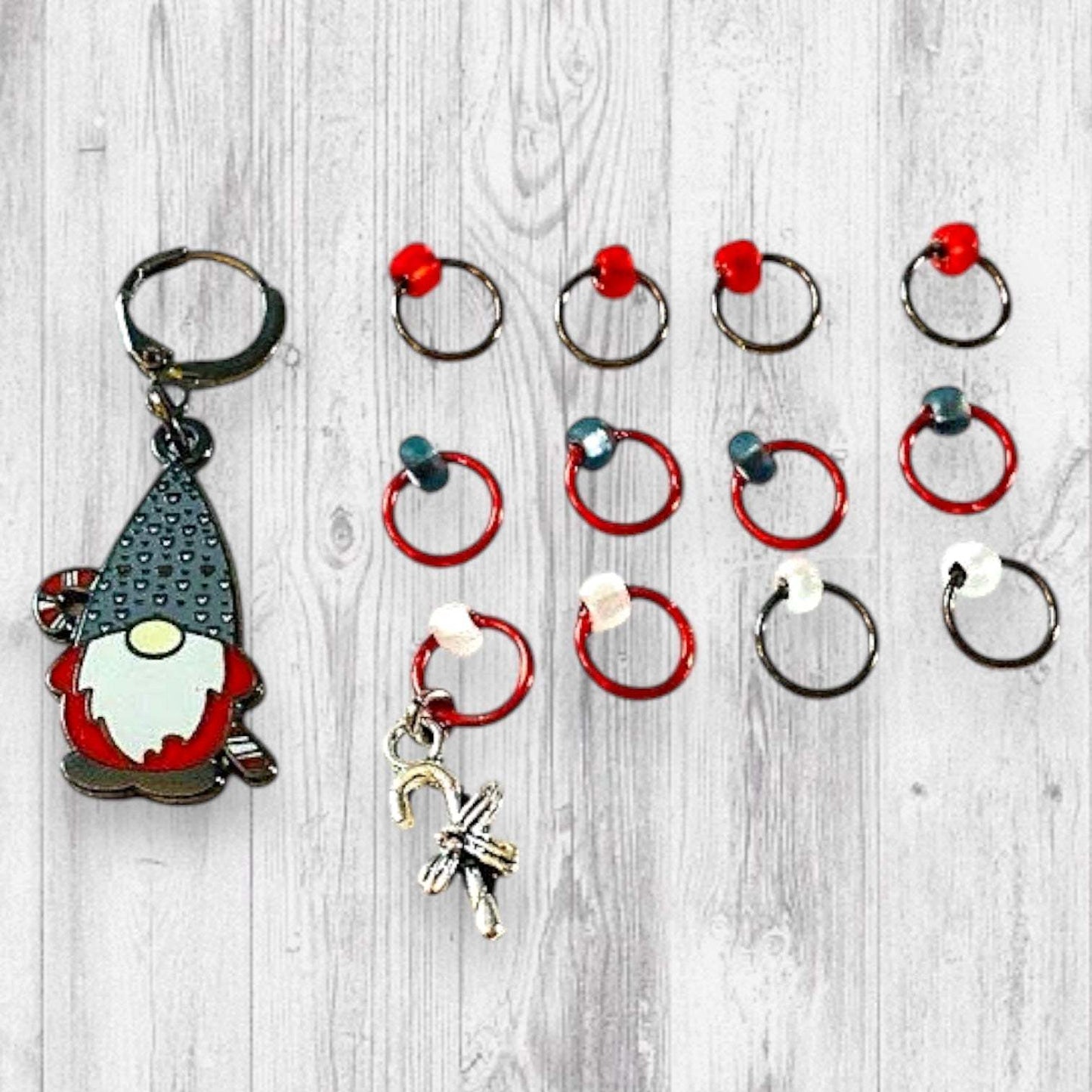 Candy Cane Christmas Gnome Progress and Stitch Markers Red 2022 Pigskin Party