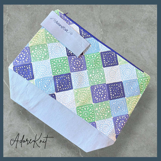 Heart Sings Granny Square Project Bag | Cool Colors Knitting Yarn Bag