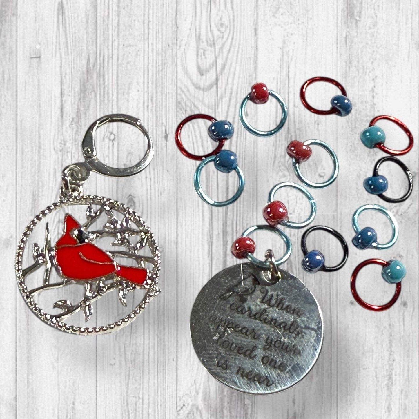Red Feathers Warm Hearts Progress and Stitch Markers