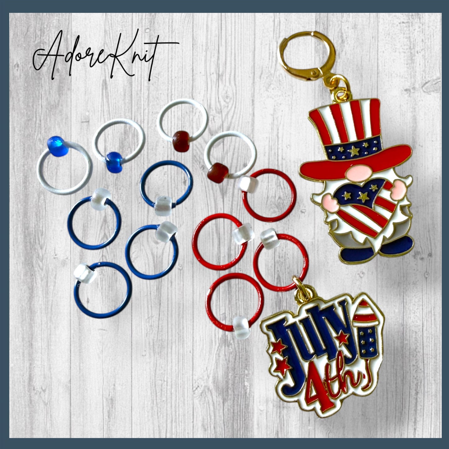 Patriotic Gnome Stitch Markers | Red White and Blue Knitting Markers