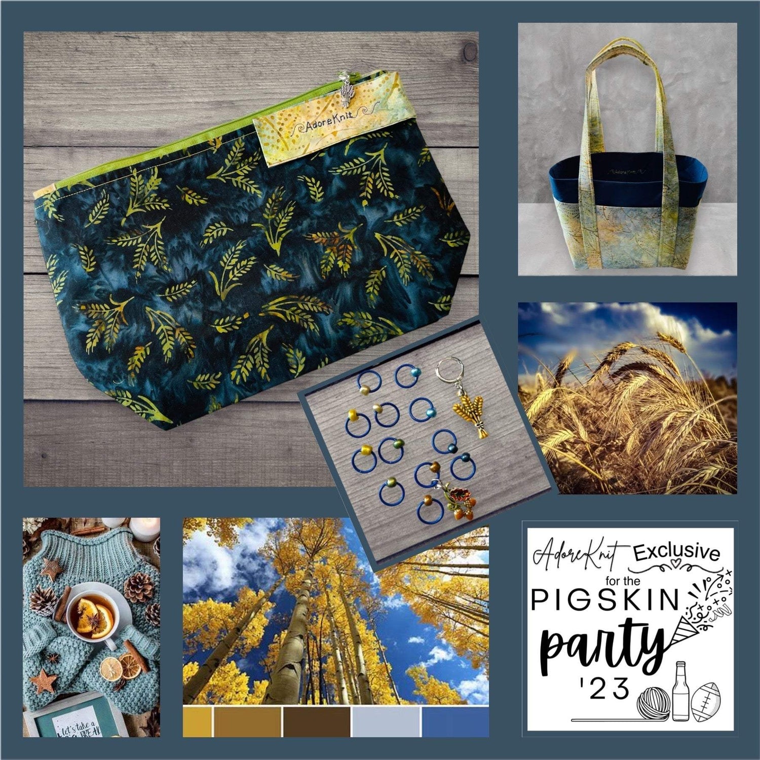 Fall Wheat Harvest Project Bag Blue-Chartreuse 2023 Pigskin PartyAdoreKnitThe 2023 AdoreKnit Exclusive Pigskin Party Fall Wheat Harvest Project Bag!  This year the AdoreKnit Exclusive collection includes Pigskin Party Project bags in two cFall Wheat Harvest Project Bag Blue-Chartreuse 2023 Pigskin Party