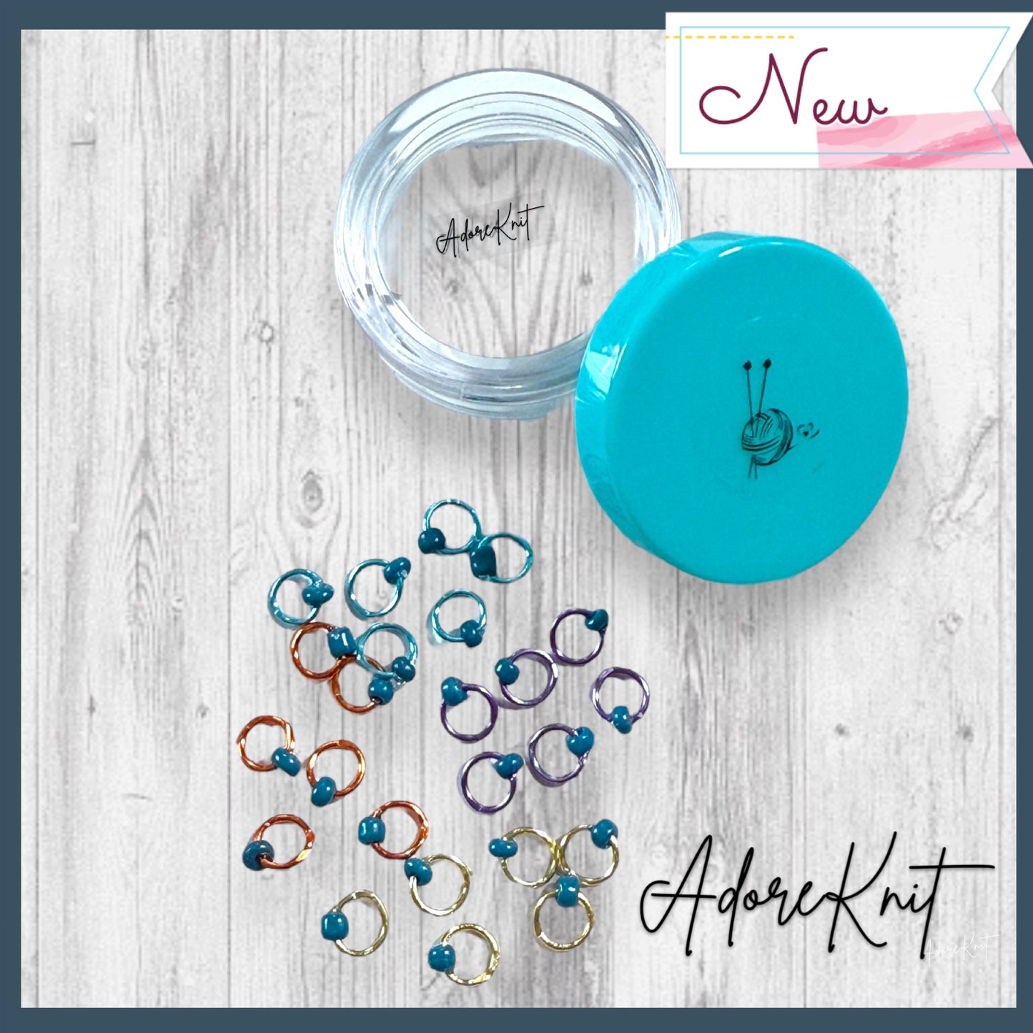 Sock Knitter's Companion Tiny Stitch Markers with Marker Container Aqua w Turquoise