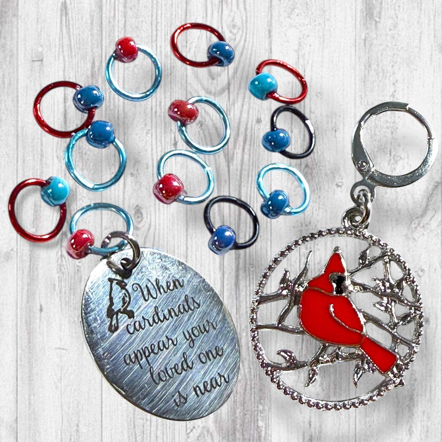 Red Feathers Warm Hearts Progress and Stitch Markers