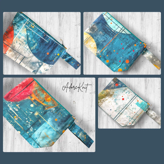 Watercolor & Ink Project Bag | Knitting Project Bag with Wrist Strap