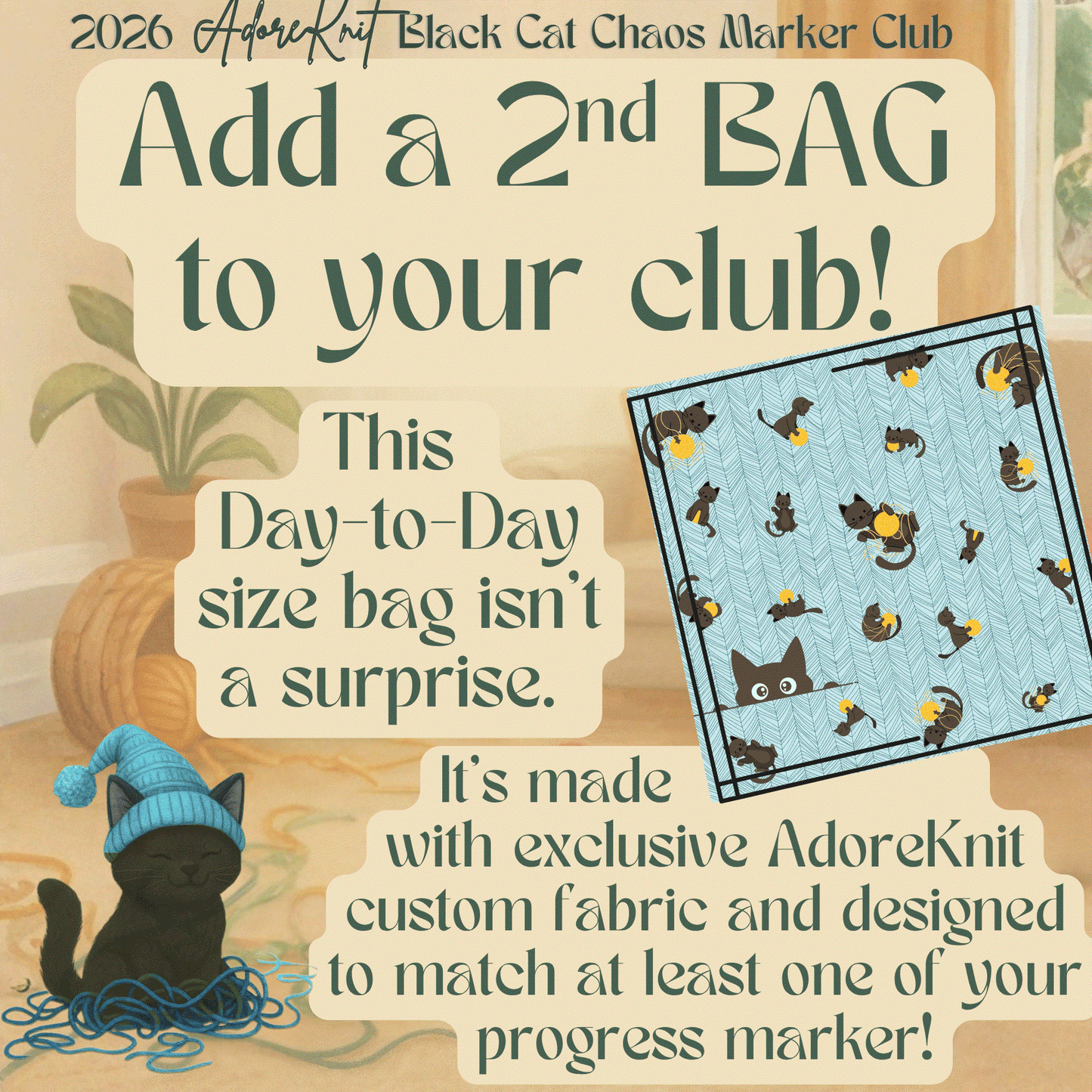 2026 Black Cat Chaos Marker Club, 12 Days of Stitch & Progress Markers, Yarn, Project Bags