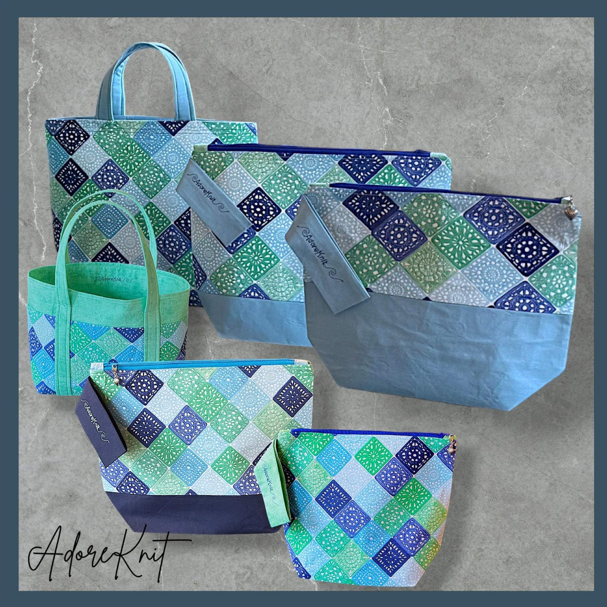 Heart Sings Granny Square Project Bag | Cool Colors Knitting Yarn Bag