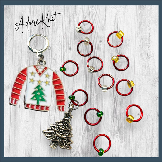 Ugly Christmas Tree Sweater Progress and Stitch Markers