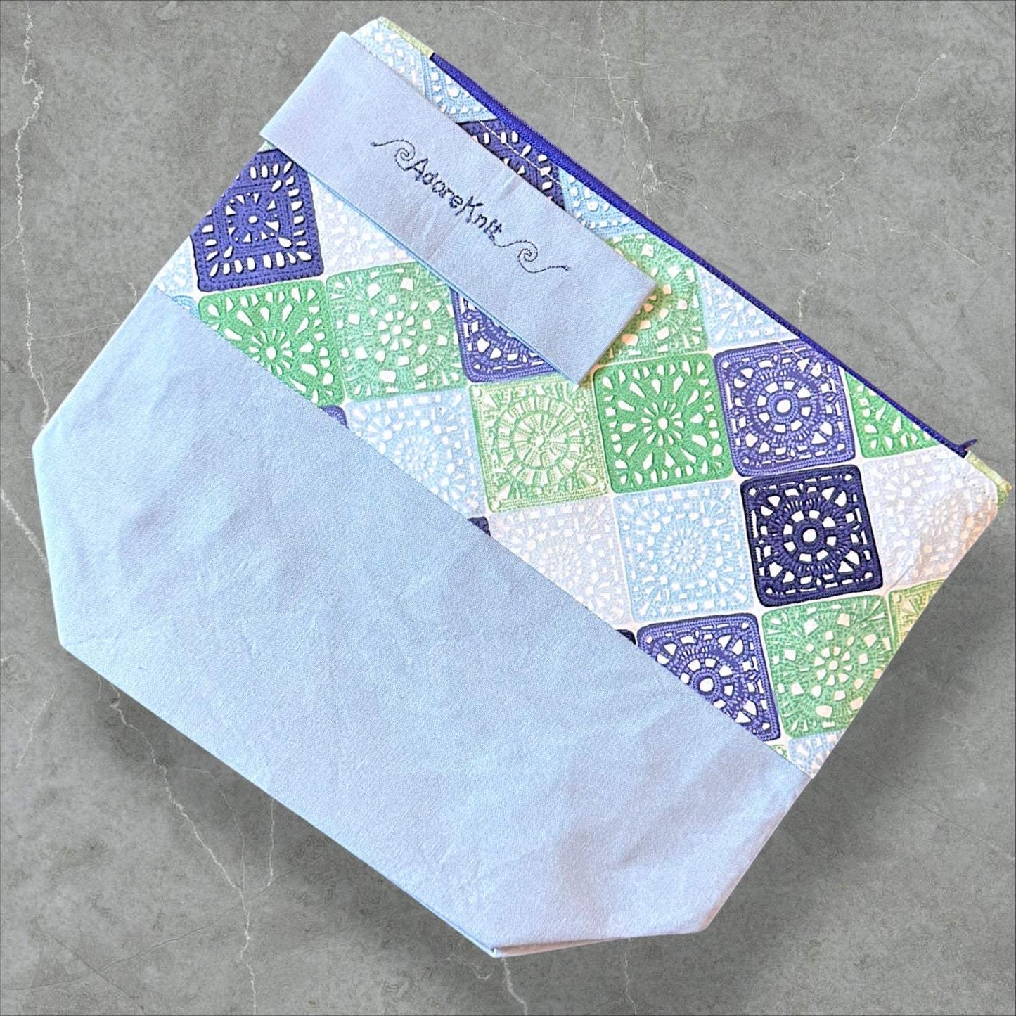 Heart Sings Granny Square Project Bag | Cool Colors Knitting Yarn Bag