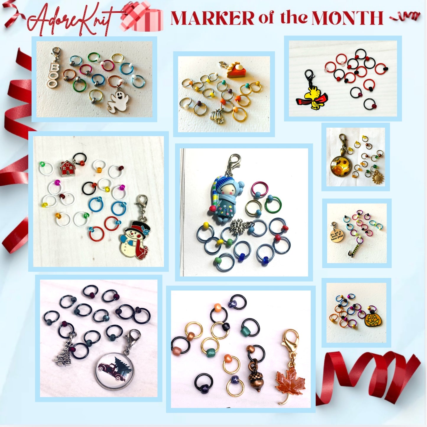 2025 Marker of the Month Club, a monthly surprise of a progress marker and a set of stitch markers