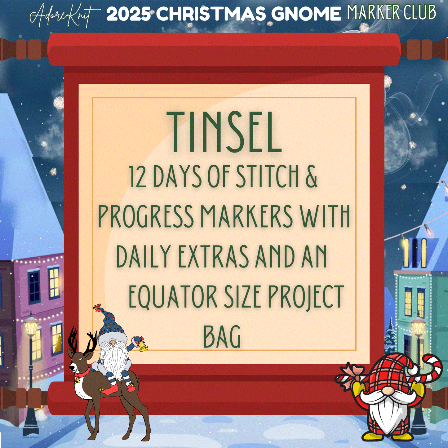 2025 Christmas GNOMES Countdown Club, 12 Days of Stitch & Progress Markers, Yarn, Project Bags