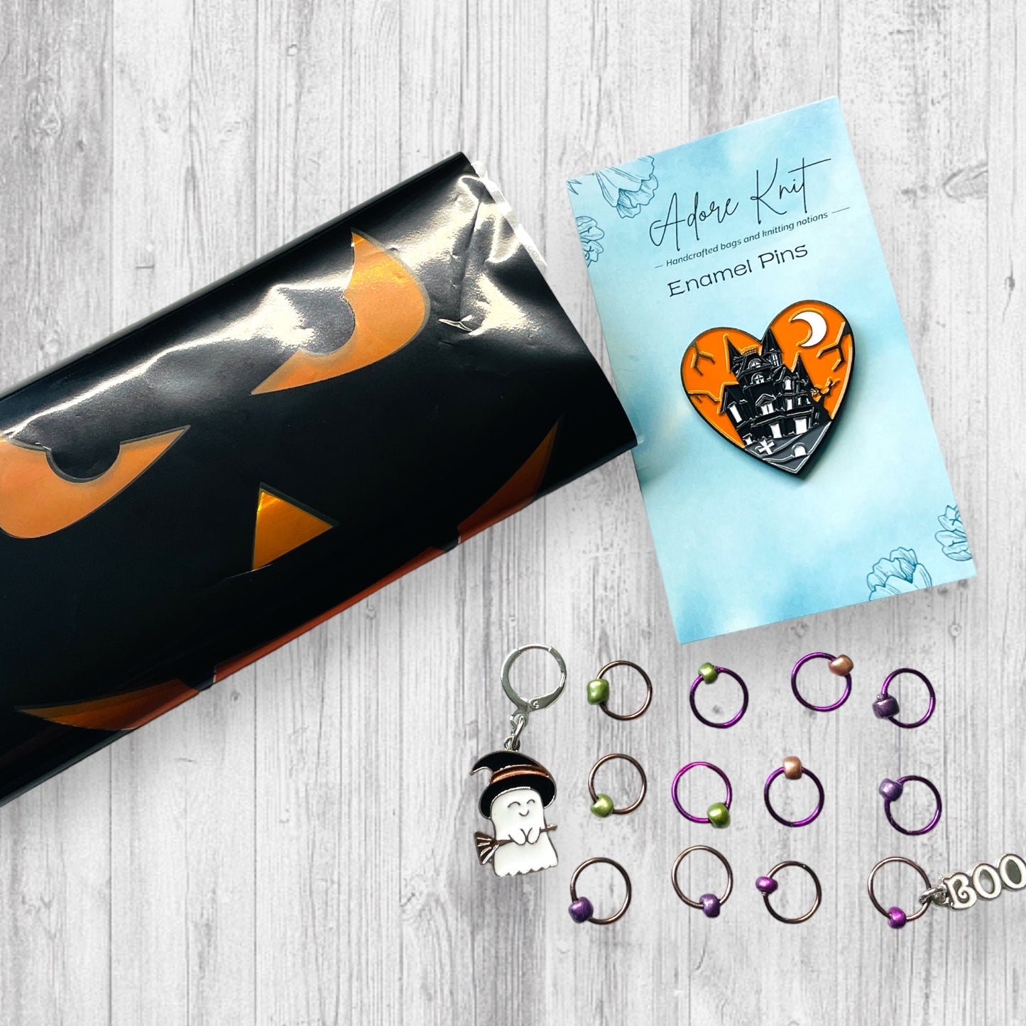 2024 13 Days of Halloween Countdown Club, 13 Days of Progress & Stitch Markers with a Project Bag and a Skein of Yarn - AdoreKnit