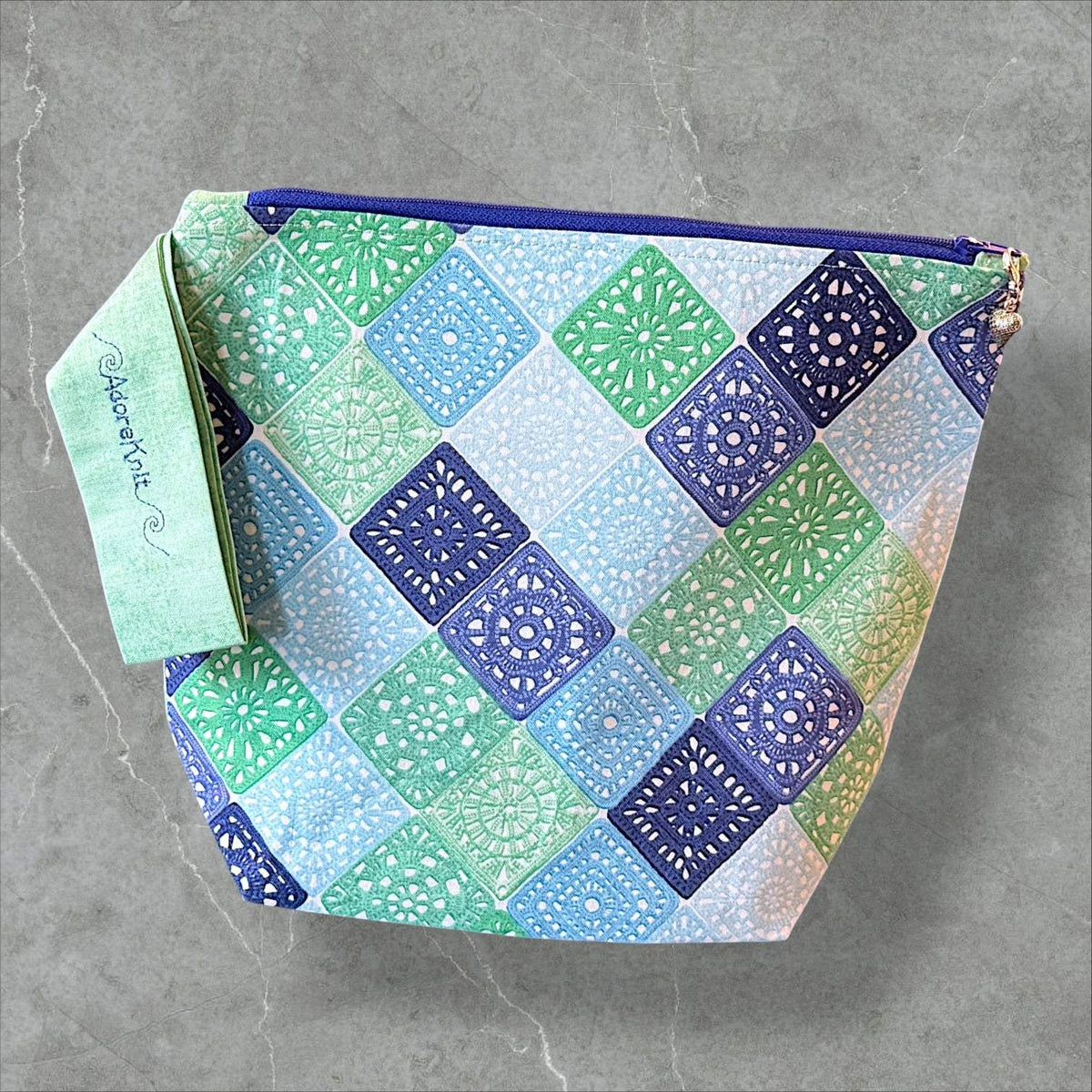 Heart Sings Granny Square Project Bag | Cool Colors Knitting Yarn Bag