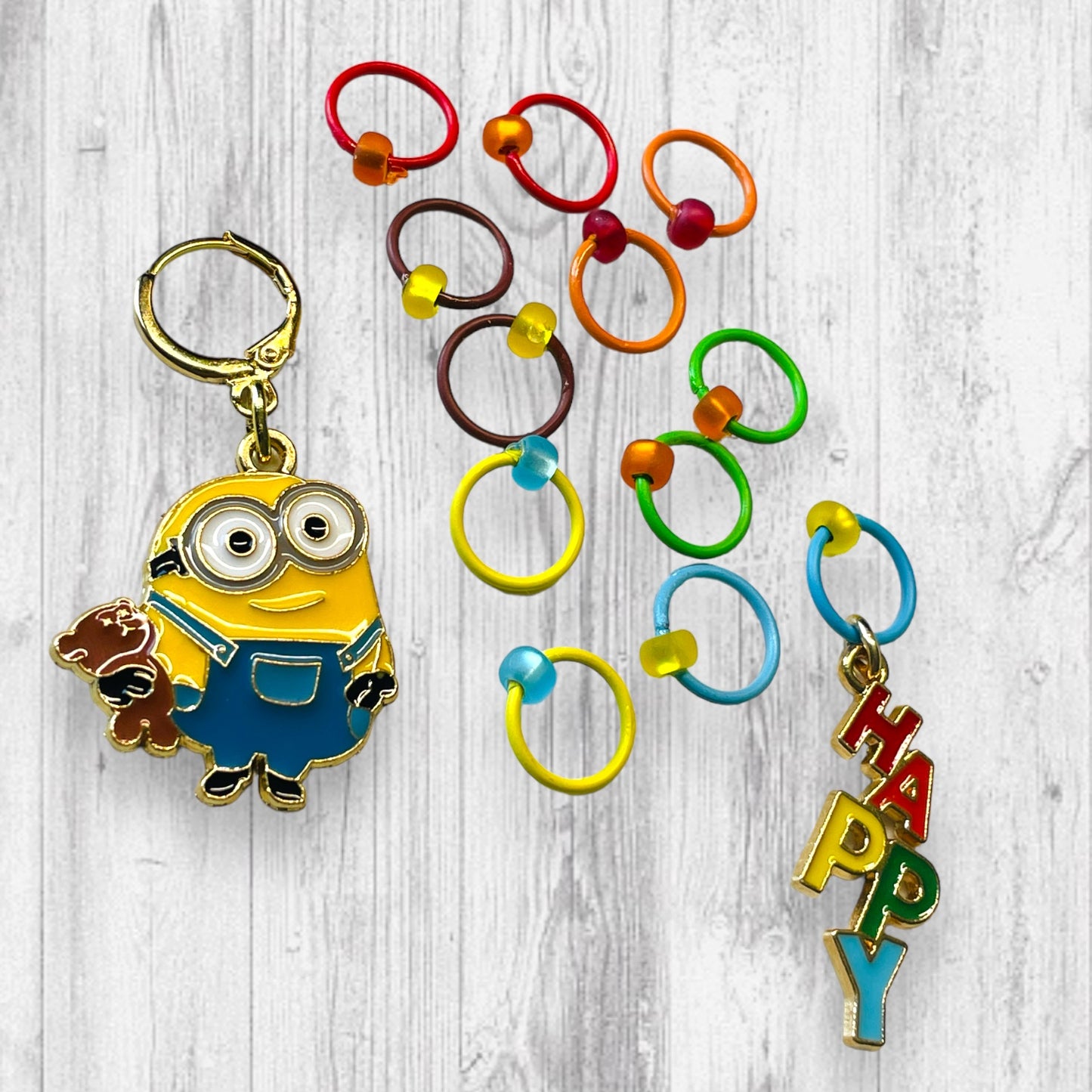 Happy Minion Progress and Stitch Markers