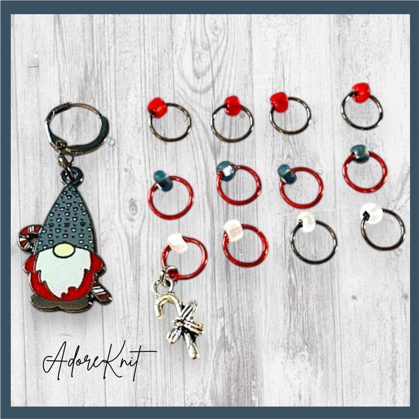 Candy Cane Christmas Gnome Progress and Stitch Markers Red 2022 Pigskin Party