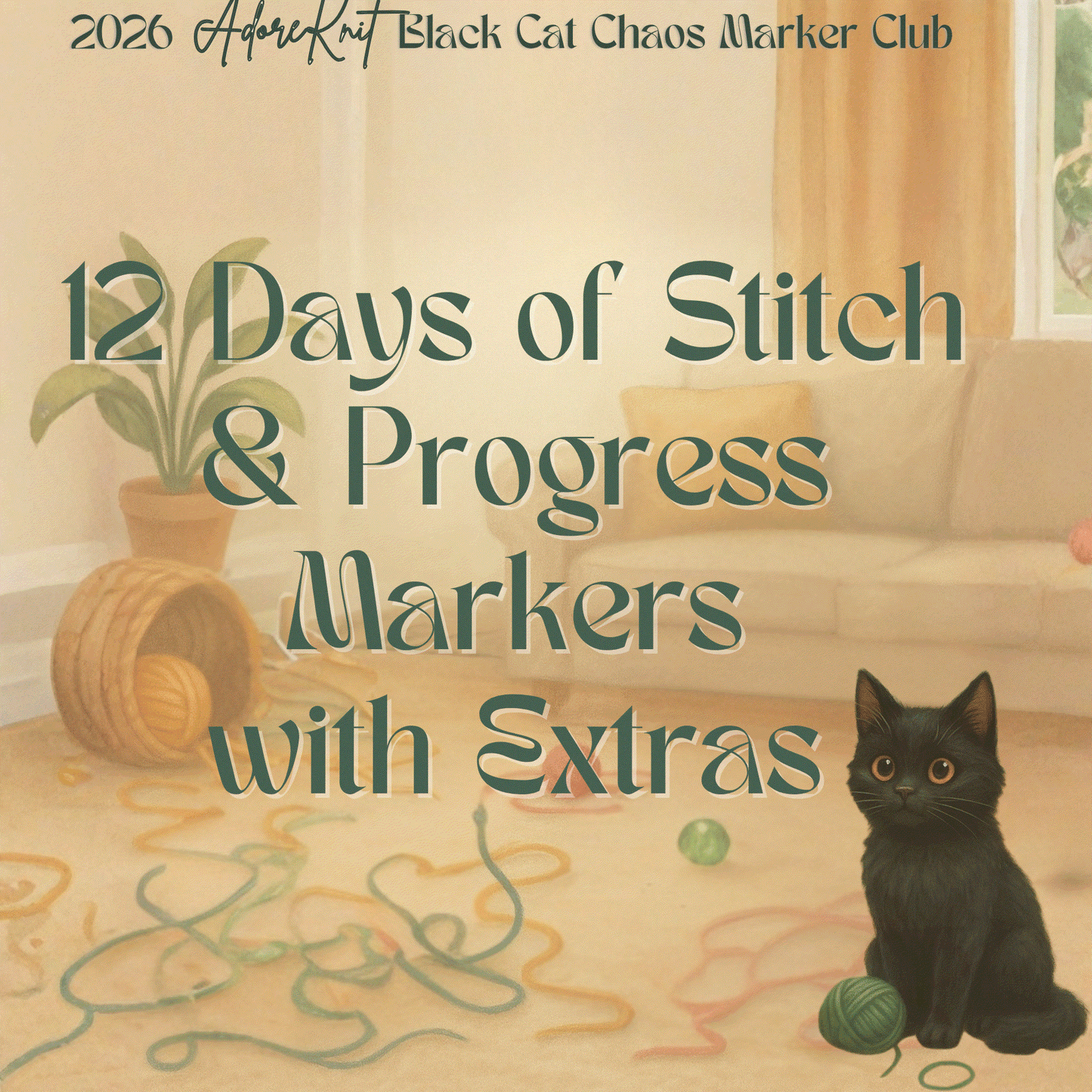 2026 Black Cat Chaos Marker Club, 12 Days of Stitch & Progress Markers, Yarn, Project Bags