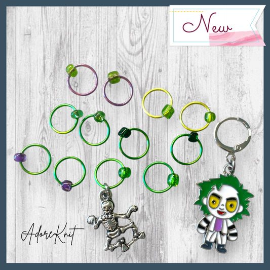 Beetlejuice and Skeletons Progress and Stitch Markers