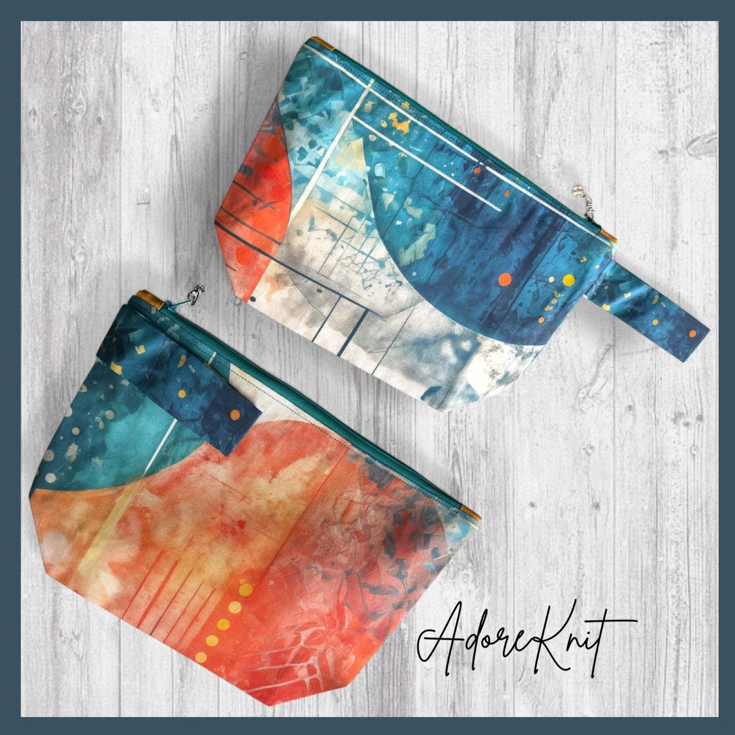 Watercolor & Ink Project Bag | Knitting Project Bag with Wrist Strap