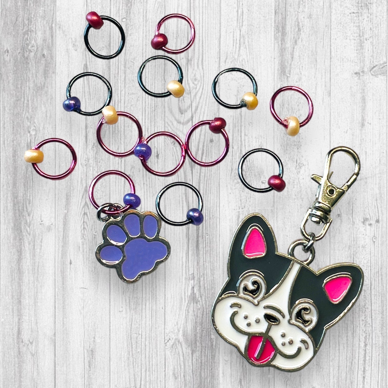 Happy Pup Boston Terrier Progress and Stitch Markers - AdoreKnit