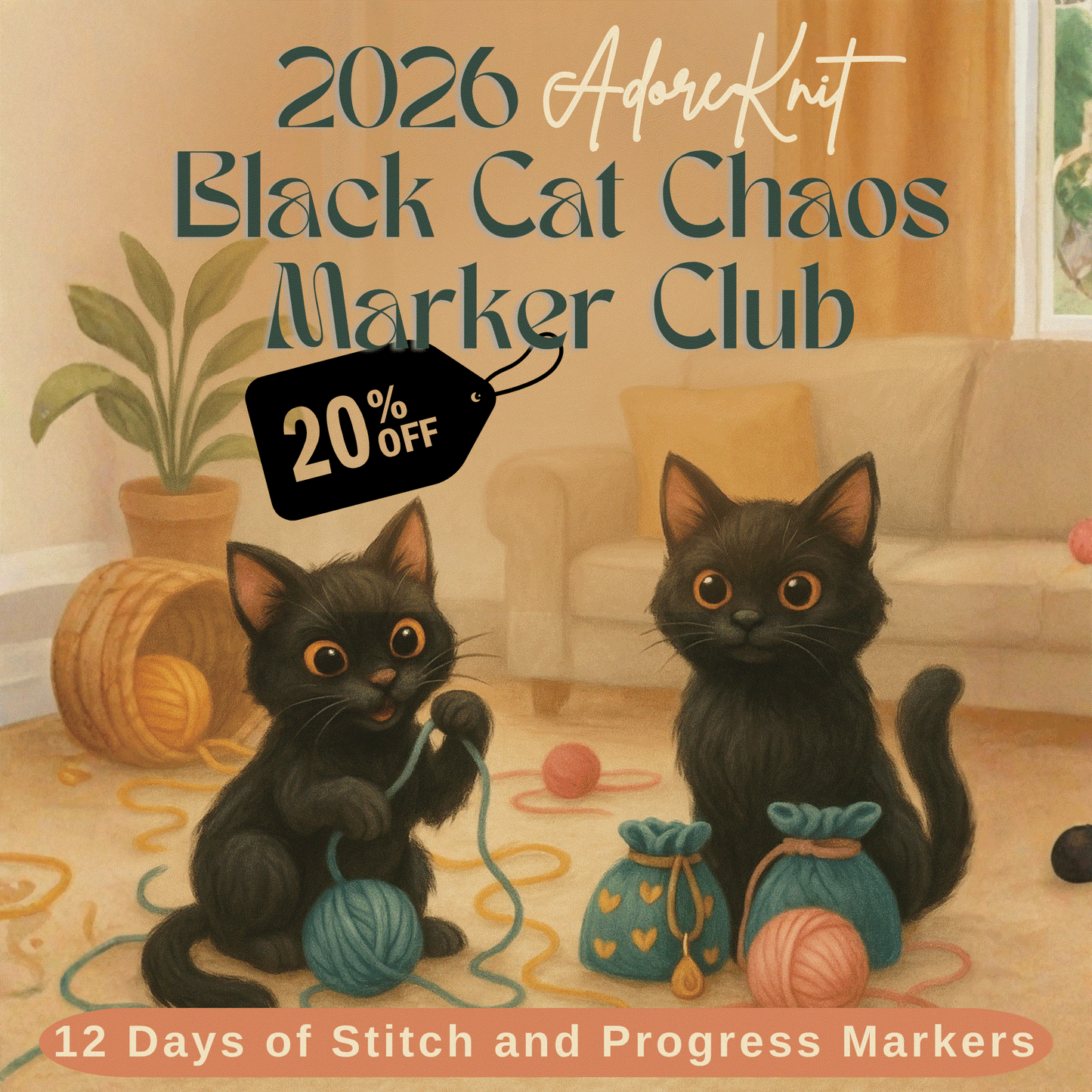 2026 Black Cat Chaos Marker Club, 12 Days of Stitch & Progress Markers, Yarn, Project Bags