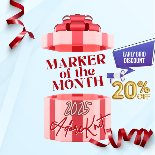 2025 Marker of the Month Club, a monthly surprise of a progress marker and a set of stitch markers