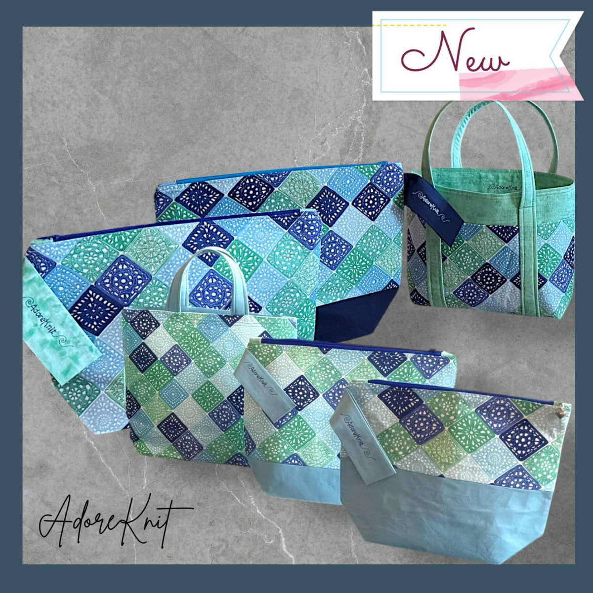 Heart Sings Granny Square Project Bag | Cool Colors Knitting Yarn Bag