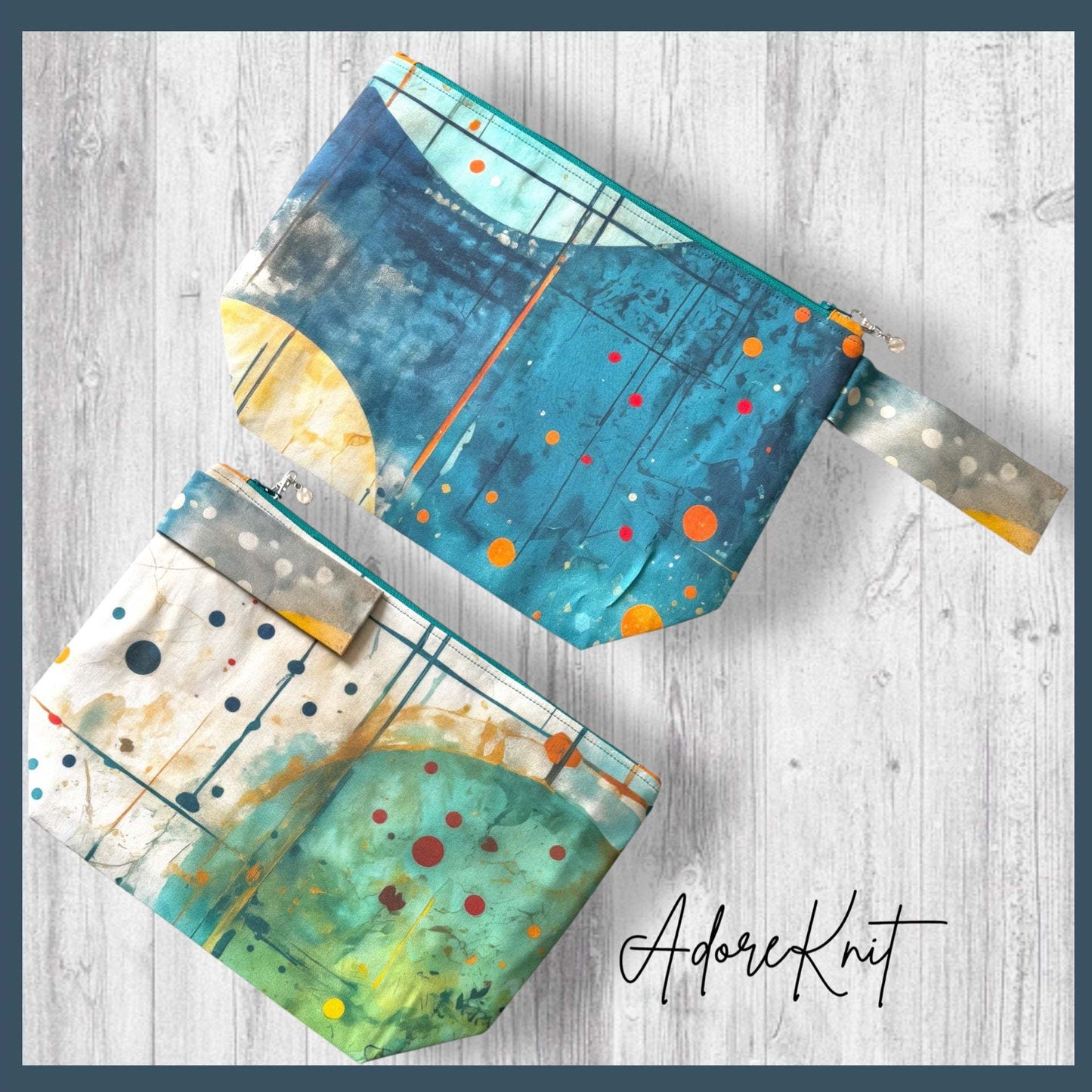 Watercolor & Ink Project Bag | Knitting Project Bag with Wrist Strap