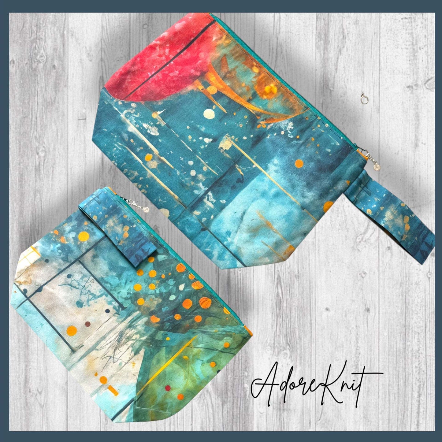 Watercolor & Ink Project Bag | Knitting Project Bag with Wrist Strap