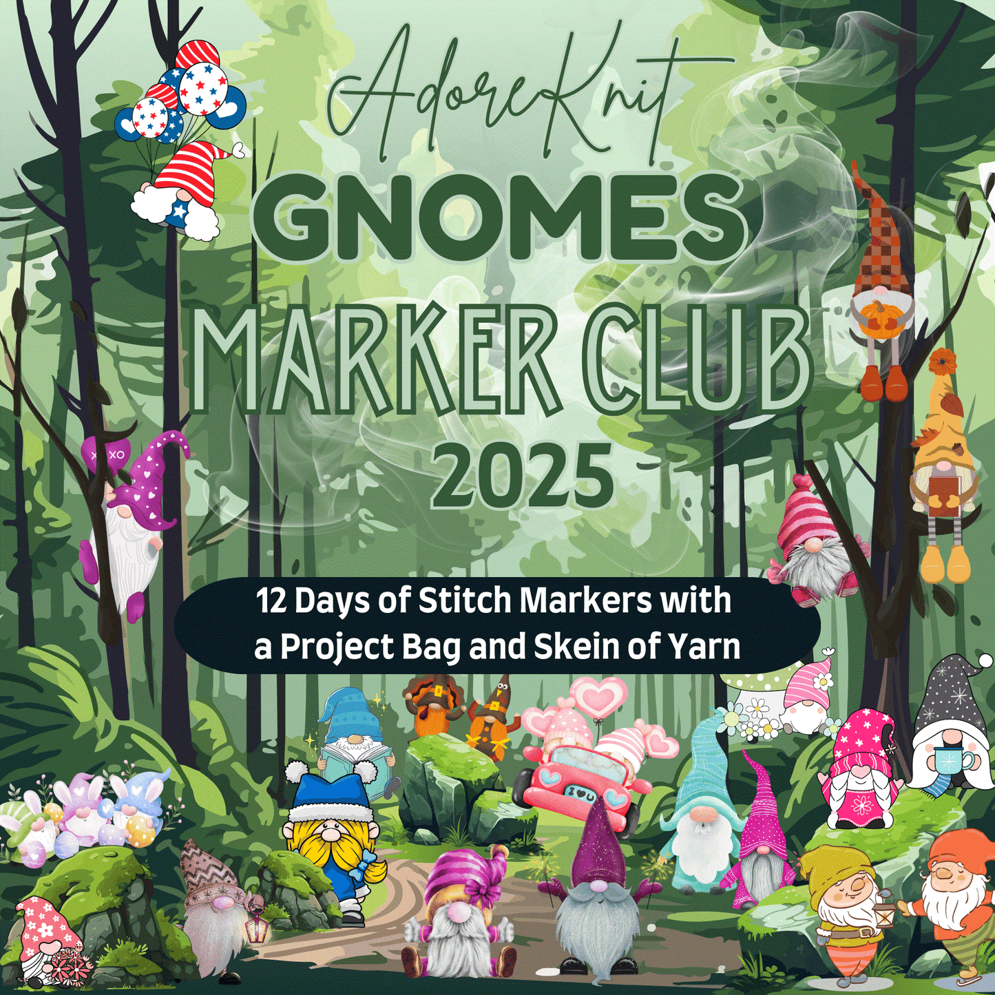 2025 GNo Good GNOMES Countdown Club, 12 Days of Stitch & Progress Markers, Yarn, Project Bags