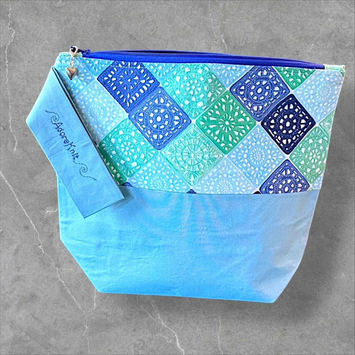 Heart Sings Granny Square Project Bag | Cool Colors Knitting Yarn Bag