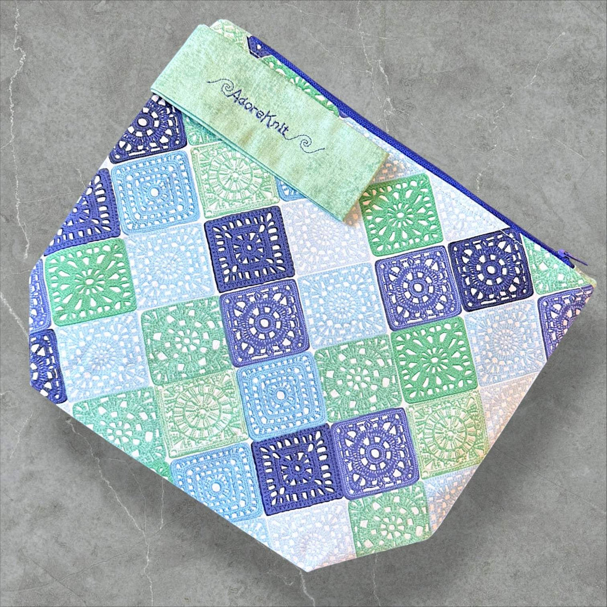Heart Sings Granny Square Project Bag | Cool Colors Knitting Yarn Bag