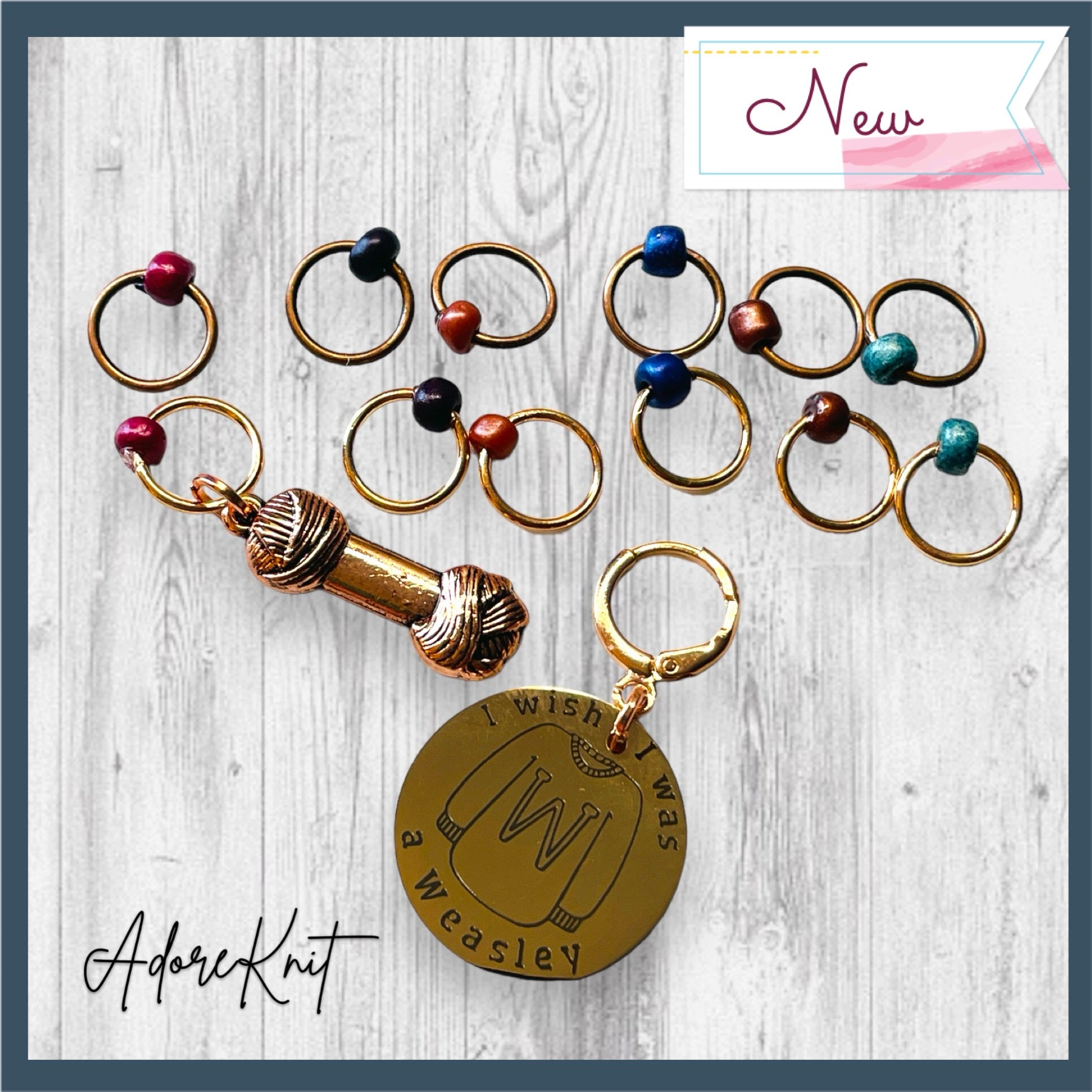 I Wish I Was A Weasley Progress and Stitch Marker SetAdoreKnitI Wish I Was A Weasley Progress and Stitch Markers.  Rose Gold and Copper stitch markers are reminiscent of the famous family's most distinguishing features.  ImaginStitch Marker Set