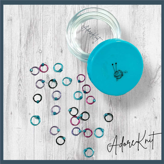 Sock Knitter's Companion Tiny Stitch Markers with Marker Container Aqua with Metallic Blue