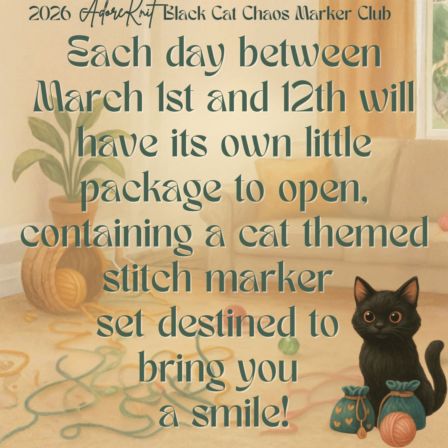 2026 Black Cat Chaos Marker Club, 12 Days of Stitch & Progress Markers, Yarn, Project Bags