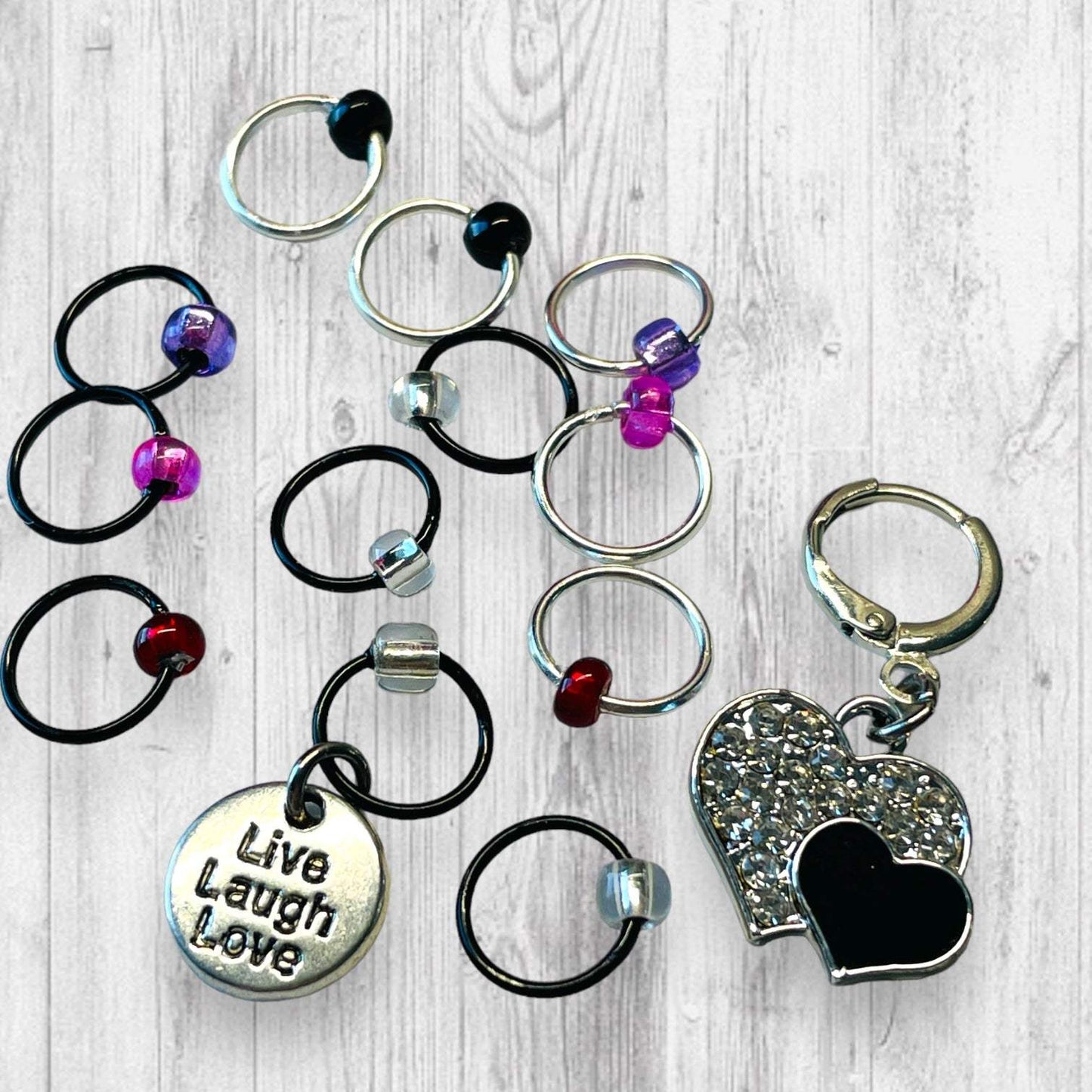 Live Laugh Love Together Heart Progress and Stitch Markers