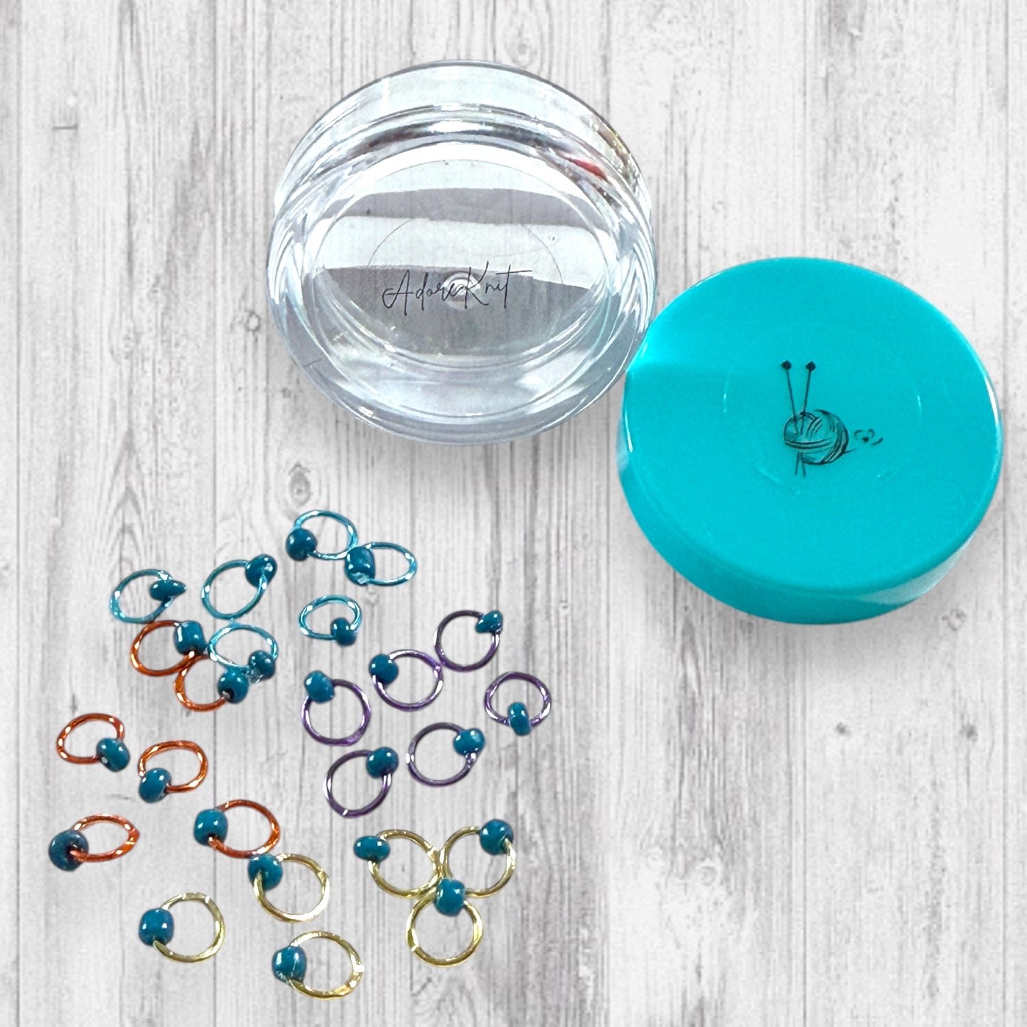 Sock Knitter's Companion Tiny Stitch Markers with Marker Container Aqua w Turquoise