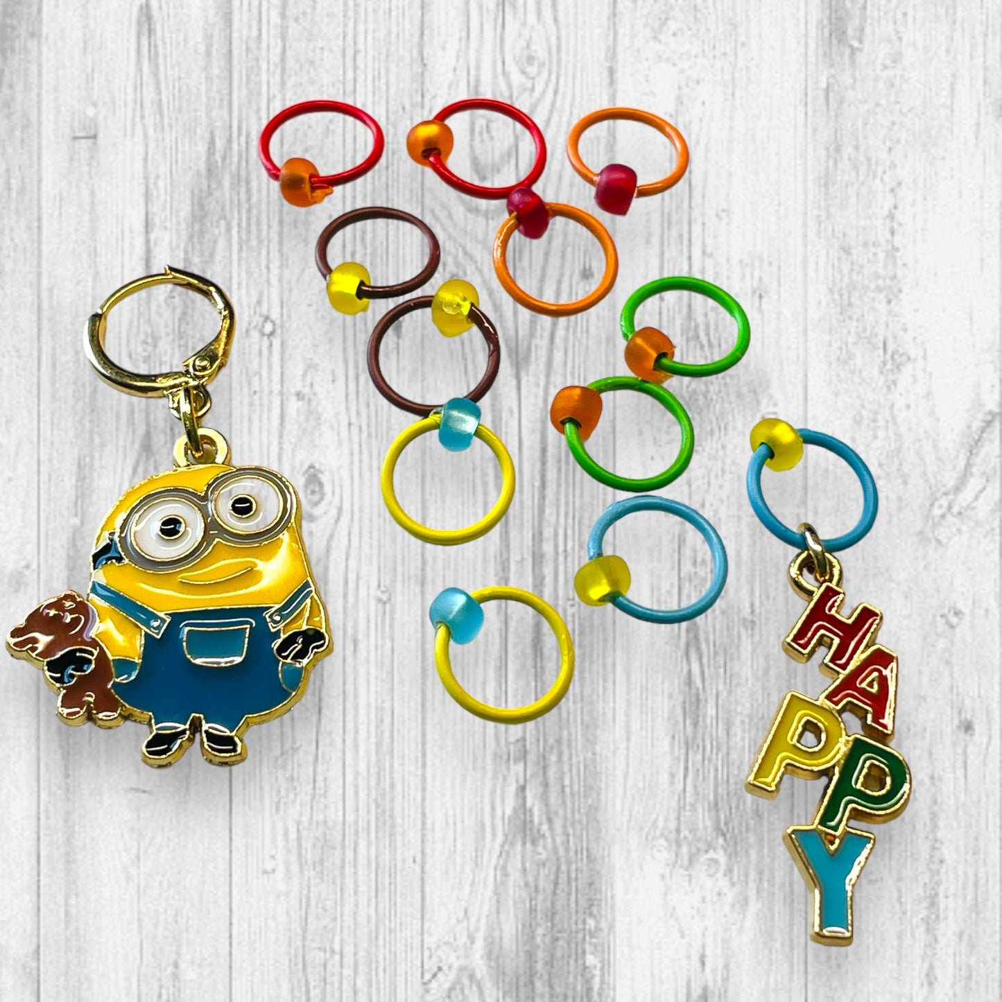 Happy Minion Progress and Stitch Markers