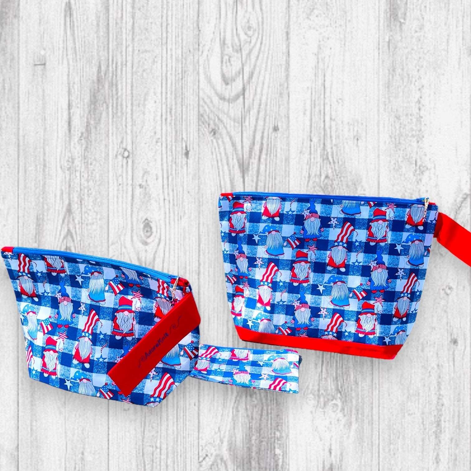 Red White and GNOME Project BagAdoreKnitIntroducing the Red White and GNOME Project Bag!  Just in time for your Memorial Day and 4th of July knitting adventures!  We think this is the perfect summer bag, iGNOME Project Bag