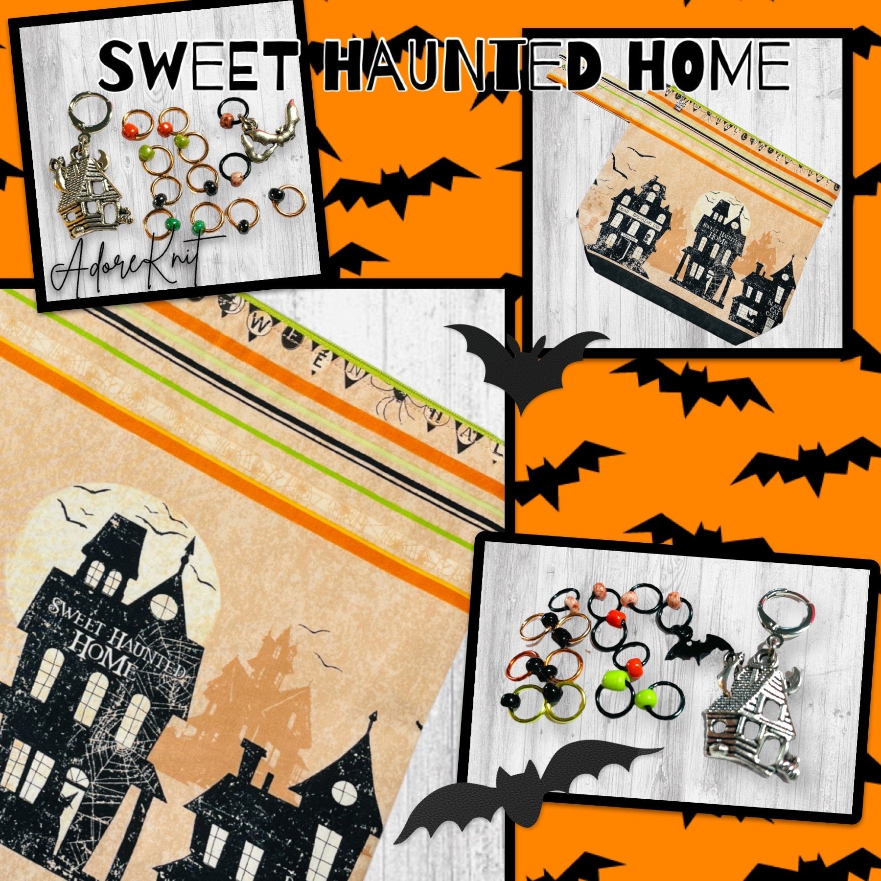 Home Sweet Haunted Home and 2 Bats Progress and Stitch Markers - AdoreKnit