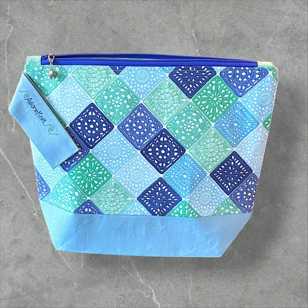 Heart Sings Granny Square Project Bag | Cool Colors Knitting Yarn Bag
