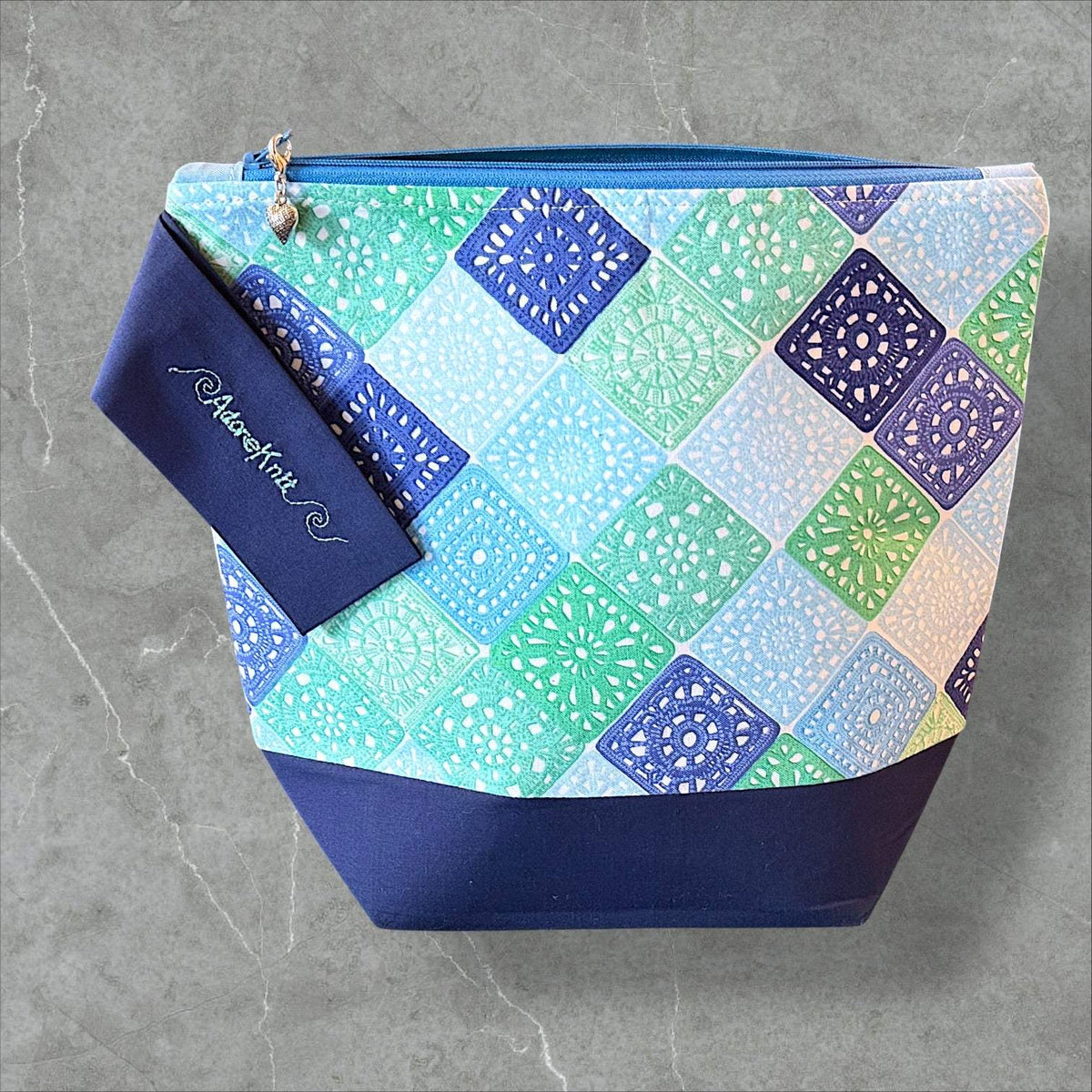 Heart Sings Granny Square Project Bag | Cool Colors Knitting Yarn Bag