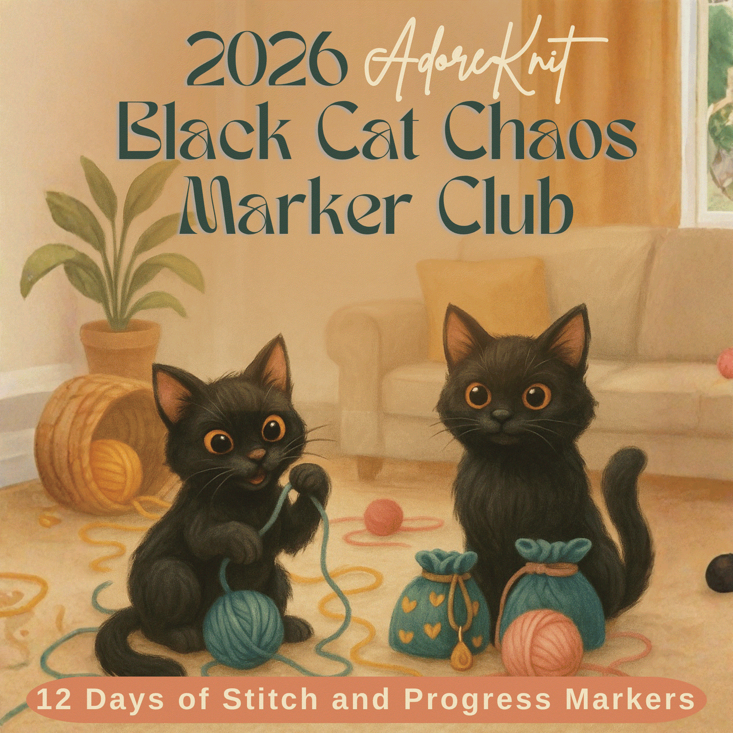 2026 Black Cat Chaos Marker Club, 12 Days of Stitch & Progress Markers, Yarn, Project Bags