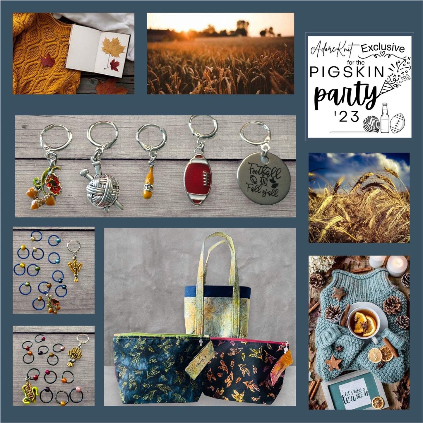 2023 Pigskin Party Fall Wheat Harvest Black Autumnal Progress and Stitch Marker Set - AdoreKnit