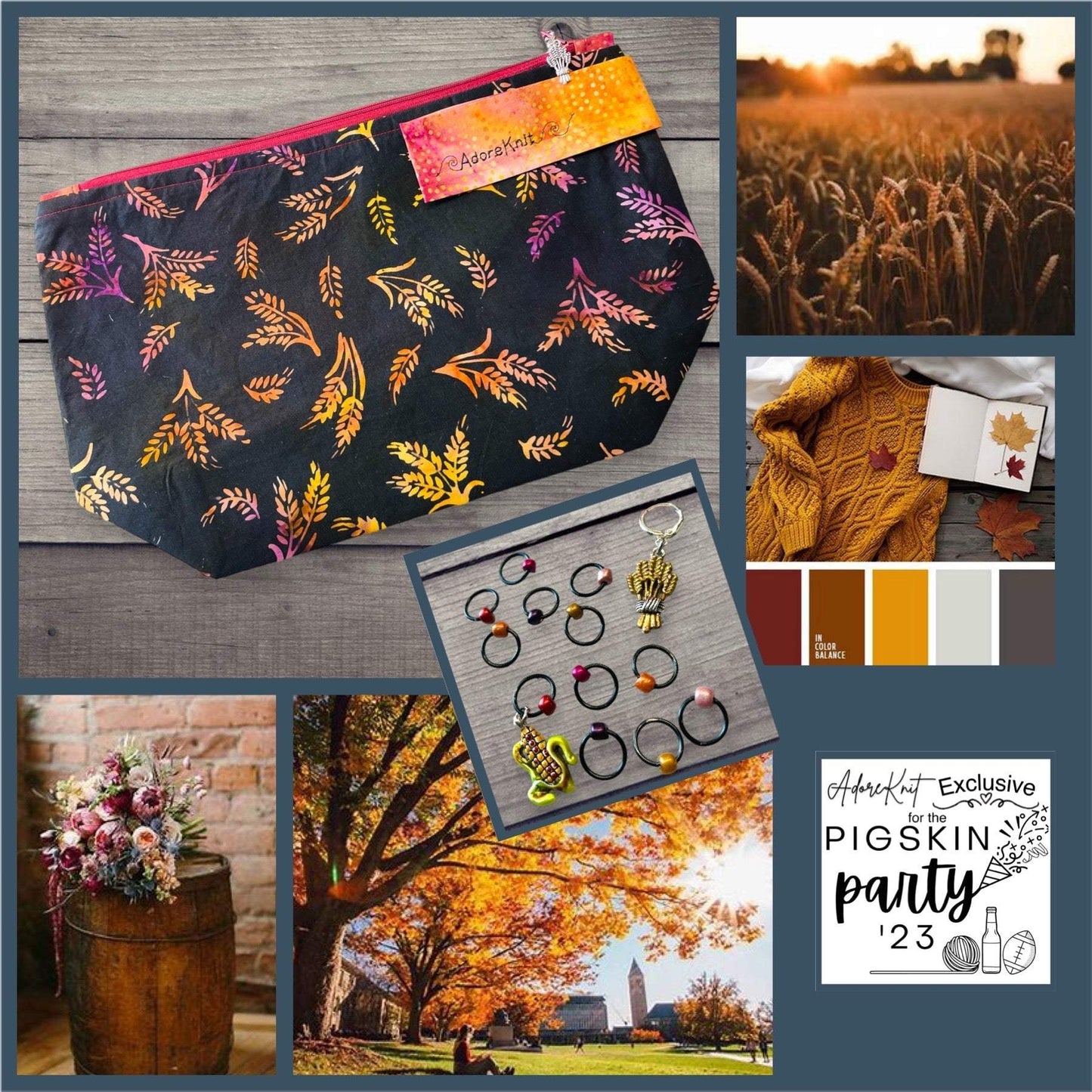 2023 Pigskin Party Fall Wheat Harvest Black Autumnal Progress and Stitch Marker Set - AdoreKnit