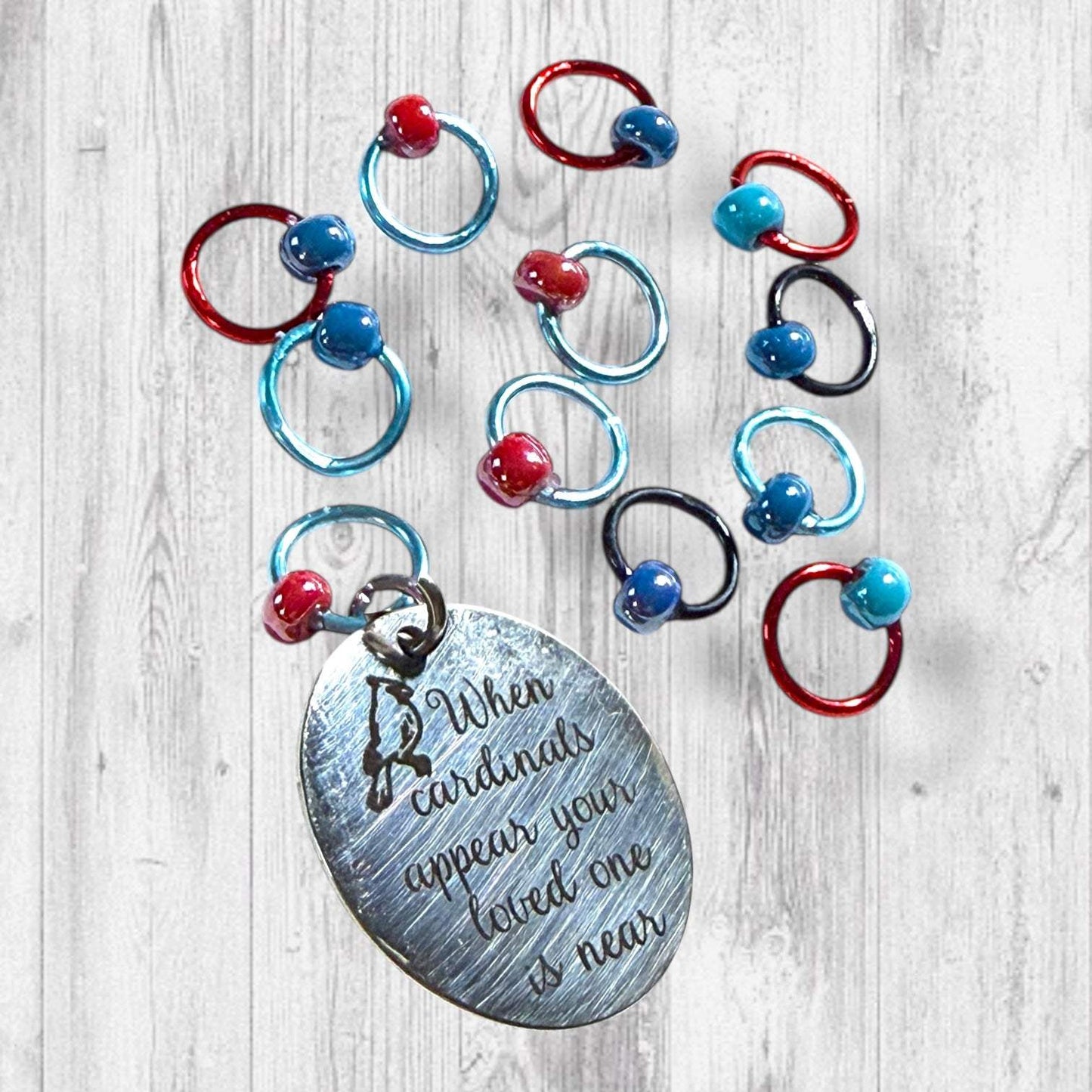 Red Feathers Warm Hearts Progress and Stitch Markers