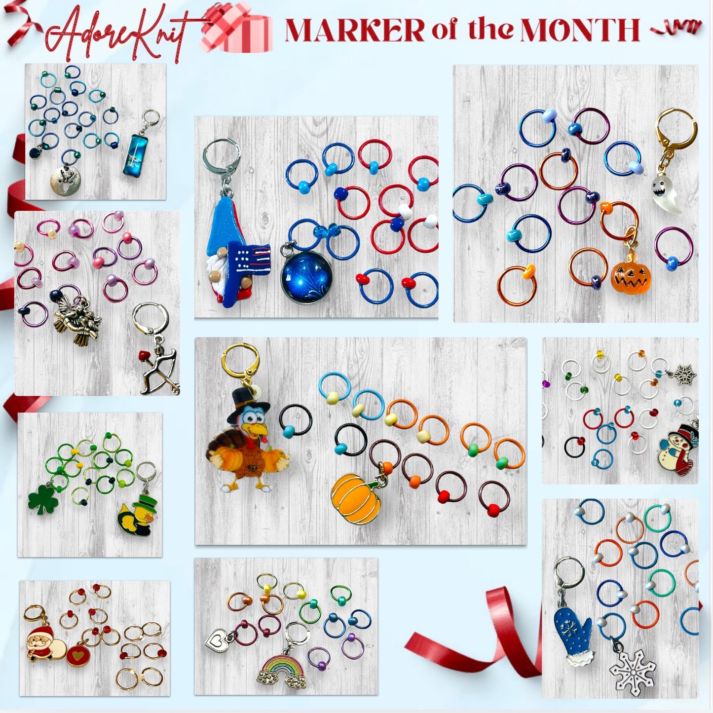 2025 Marker of the Month Club, a monthly surprise of a progress marker and a set of stitch markers