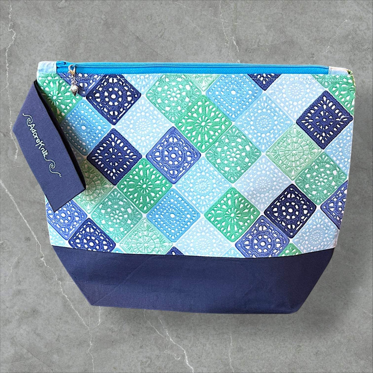 Heart Sings Granny Square Project Bag | Cool Colors Knitting Yarn Bag