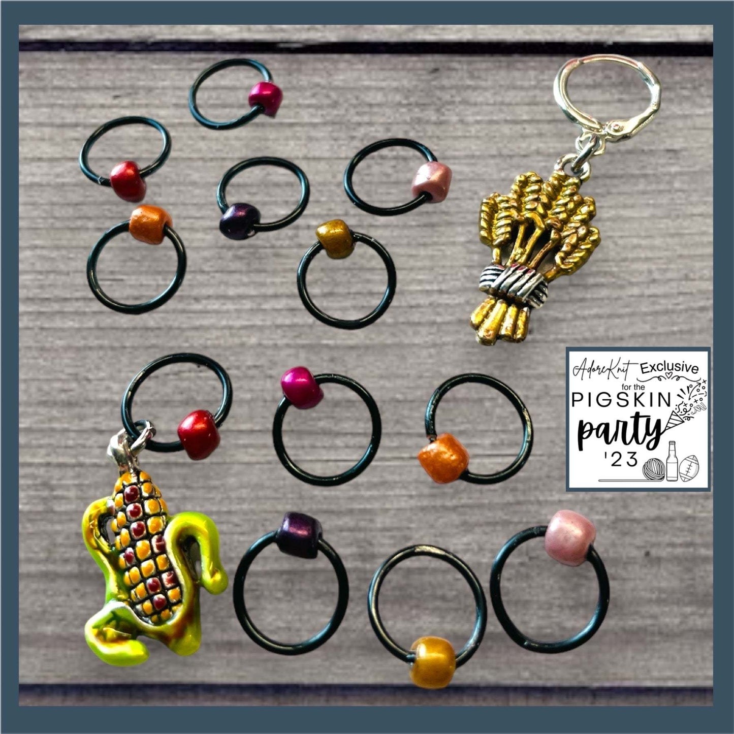 2023 Pigskin Party Fall Wheat Harvest Black Autumnal Progress and Stitch Marker Set - AdoreKnit