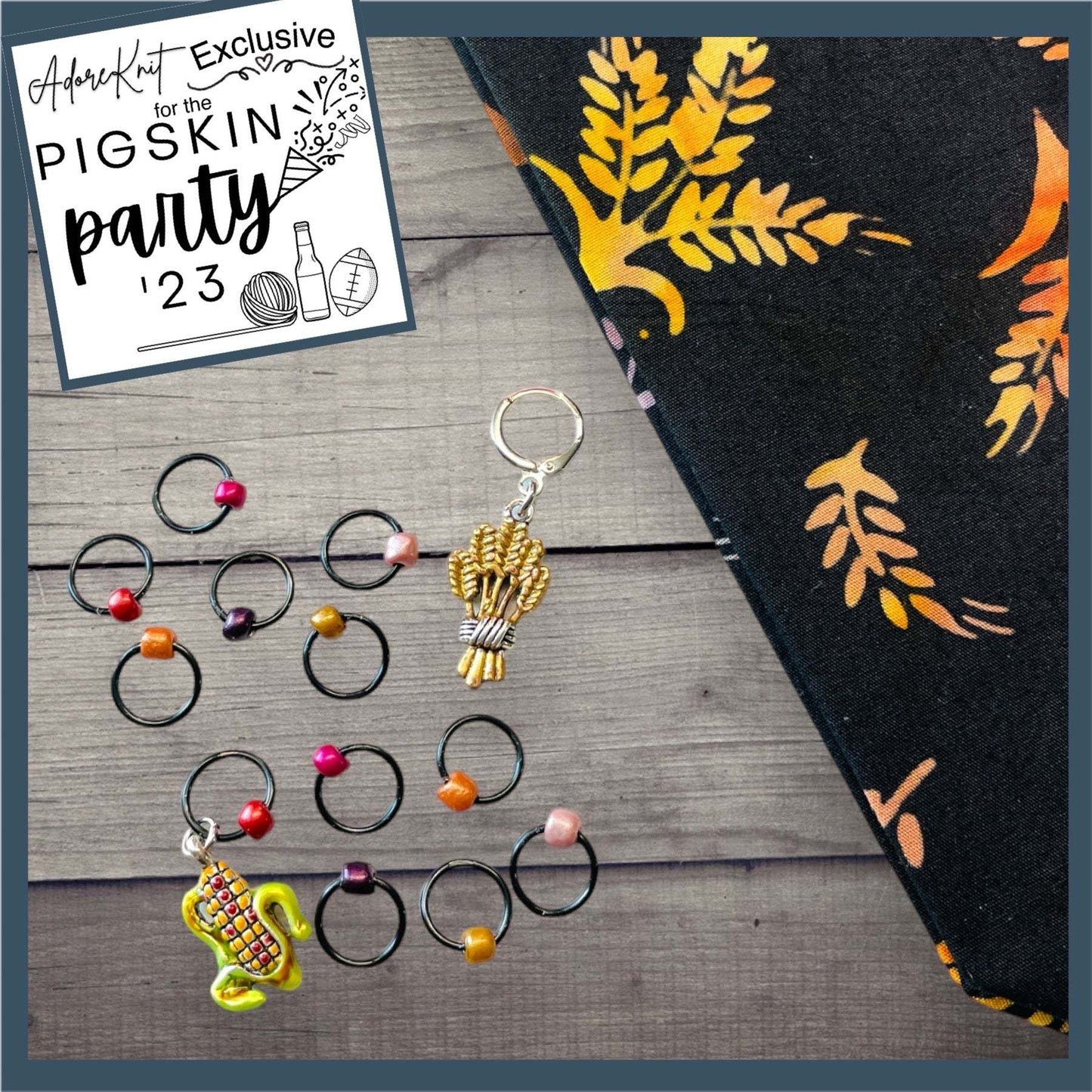 2023 Pigskin Party Fall Wheat Harvest Black Autumnal Progress and Stitch Marker Set - AdoreKnit